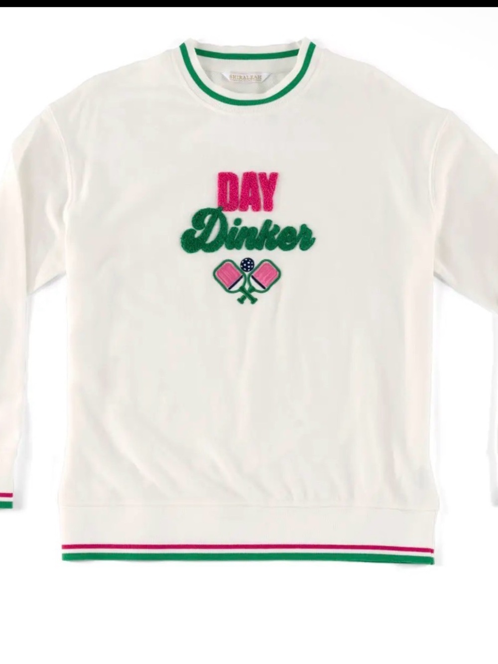 Day Dinker White Crewneck Sweater with Pink & Green Trim - Pickleball Sweatshirt